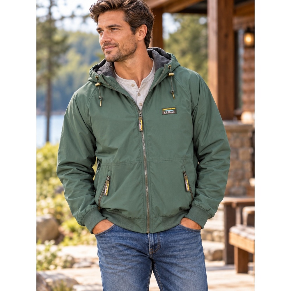 LL Bean Mens Insulated 3-Season Hooded Jacket Thyme Green Fleece Lined 514669 M